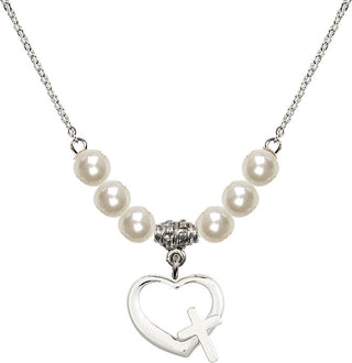 18" Rhodium Plated Necklace with 6mm Faux-Pearl Beads featuring a Sterling Silver Heart / Cross Medal.