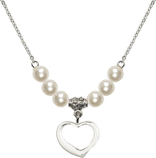 18" Rhodium Plated Necklace with 6mm Faux-Pearl Beads featuring a Sterling Silver Heart Medal.