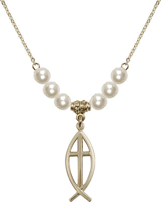 18" Hamilton Gold Plated Necklace with 6mm Faux-Pearl Beads featuring a 14kt Gold Filled Fish / Cross Medal.