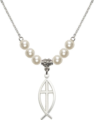18" Rhodium Plated Necklace with 6mm Faux-Pearl Beads featuring a Sterling Silver Fish / Cross Medal.