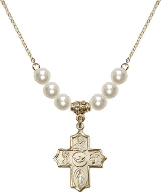 18" Hamilton Gold Plated Necklace with 6mm Faux-Pearl Beads featuring a 14kt Gold Filled 5-Way Medal.
