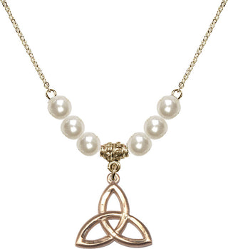 18" Hamilton Gold Plated Necklace with 6mm Faux-Pearl Beads featuring a 14kt Gold Filled Trinity Irish Knot Medal.