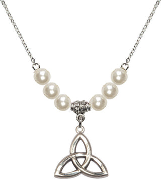 18" Rhodium Plated Necklace with 6mm Faux-Pearl Beads featuring a Sterling Silver Trinity Irish Knot Medal.