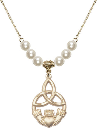 18" Hamilton Gold Plated Necklace with 6mm Faux-Pearl Beads featuring a 14kt Gold Filled Irish Knot / Claddagh Medal.