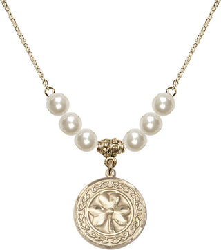 18" Hamilton Gold Plated Necklace with 6mm Faux-Pearl Beads featuring a 14kt Gold Filled Shamrock with Celtic Border Medal.