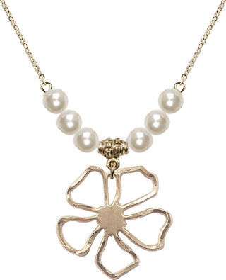 18" Hamilton Gold Plated Necklace with 6mm Faux-Pearl Beads featuring a 14kt Gold Filled Five Pedal Flower Medal.