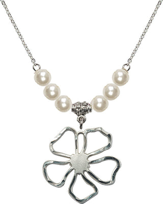 18" Rhodium Plated Necklace with 6mm Faux-Pearl Beads featuring a Sterling Silver Five Pedal Flower Medal.