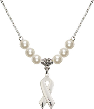 18" Rhodium Plated Necklace with 6mm Faux-Pearl Beads featuring a Sterling Silver Cancer Awareness Medal.