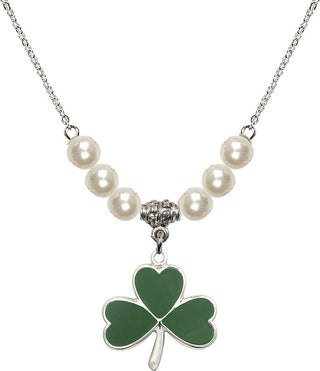 18" Rhodium Plated Necklace with 6mm Faux-Pearl Beads featuring a Sterling Silver Shamrock Medal.
