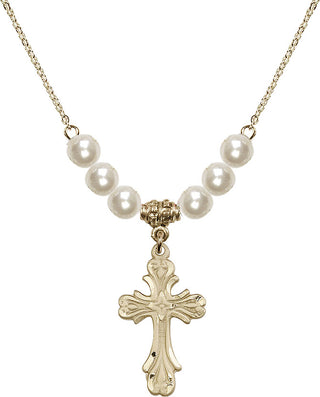 18" Hamilton Gold Plated Necklace with 6mm Faux-Pearl Beads featuring a 14kt Gold Filled Cross Medal.