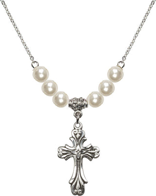 18" Rhodium Plated Necklace with 6mm Faux-Pearl Beads featuring a Sterling Silver Cross Medal.