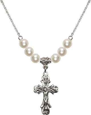 18" Rhodium Plated Necklace with 6mm Faux-Pearl Beads featuring a Sterling Silver Crucifix Medal.