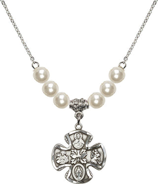 18" Rhodium Plated Necklace with 6mm Faux-Pearl Beads featuring a Sterling Silver 5-Way Medal.