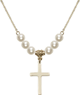 18" Hamilton Gold Plated Necklace with 6mm Faux-Pearl Beads featuring a 14kt Gold Filled Cross Medal.