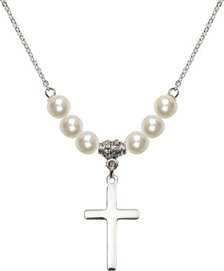 18" Rhodium Plated Necklace with 6mm Faux-Pearl Beads featuring a Sterling Silver Cross Medal.