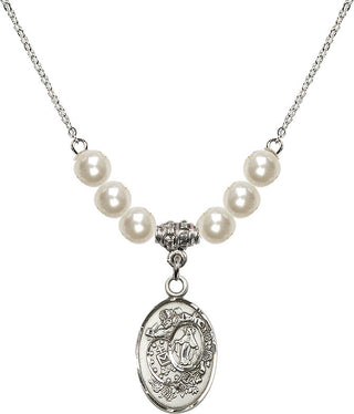 18" Rhodium Plated Necklace with 6mm Faux-Pearl Beads featuring a Sterling Silver Miraculous Medal.
