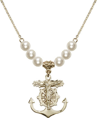 18" Hamilton Gold Plated Necklace with 6mm Faux-Pearl Beads featuring a 14kt Gold Filled Anchor Crucifix Medal.