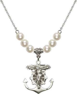 18" Rhodium Plated Necklace with 6mm Faux-Pearl Beads featuring a Sterling Silver Anchor Crucifix Medal.