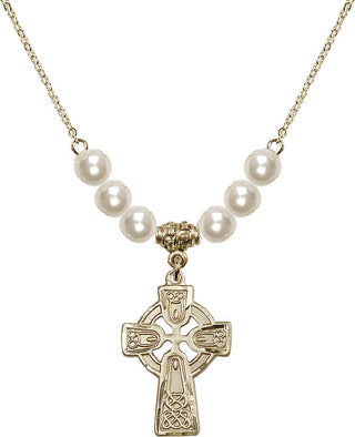 18" Hamilton Gold Plated Necklace with 6mm Faux-Pearl Beads featuring a 14kt Gold Filled Celtic Cross Medal.