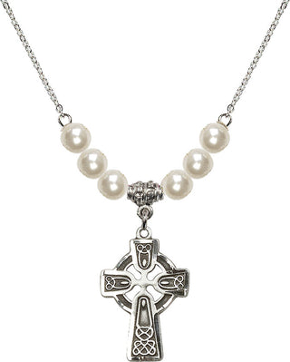 18" Rhodium Plated Necklace with 6mm Faux-Pearl Beads featuring a Sterling Silver Celtic Cross Medal.