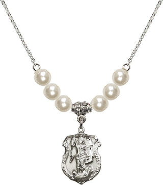 18" Rhodium Plated Necklace with 6mm Faux-Pearl Beads featuring a Sterling Silver Saint Michael the Archangel Medal. Engraved Catholic Saint Jewelry