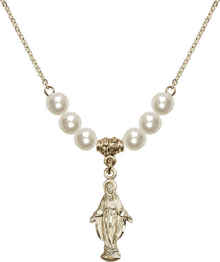 18" Hamilton Gold Plated Necklace with 6mm Faux-Pearl Beads featuring a 14kt Gold Filled Miraculous Medal.