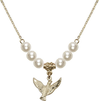 18" Hamilton Gold Plated Necklace with 6mm Faux-Pearl Beads featuring a 14kt Gold Filled Holy Spirit Medal.