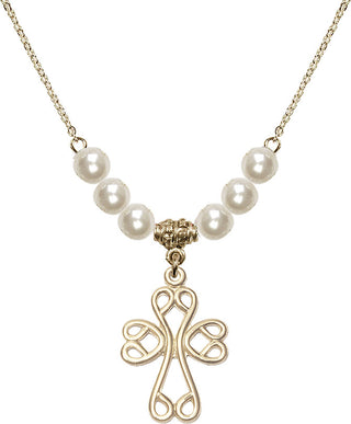 18" Hamilton Gold Plated Necklace with 6mm Faux-Pearl Beads featuring a 14kt Gold Filled Scroll Cross Medal.