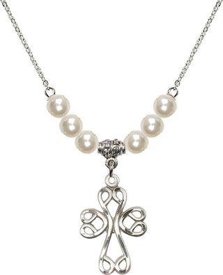18" Rhodium Plated Necklace with 6mm Faux-Pearl Beads featuring a Sterling Silver Scroll Cross Medal.