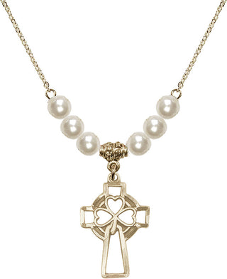 18" Hamilton Gold Plated Necklace with 6mm Faux-Pearl Beads featuring a 14kt Gold Filled Shamrock Cross Medal.