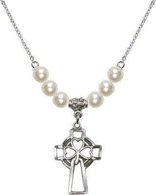 18" Rhodium Plated Necklace with 6mm Faux-Pearl Beads featuring a Sterling Silver Shamrock Cross Medal.