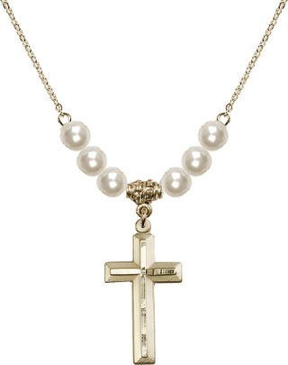 18" Hamilton Gold Plated Necklace with 6mm Faux-Pearl Beads featuring a 14kt Gold Filled Cross Medal. Engraved Catholic Saint Jewelry