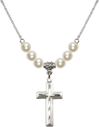 18" Rhodium Plated Necklace with 6mm Faux-Pearl Beads featuring a Sterling Silver Cross Medal. Engraved Catholic Saint Jewelry
