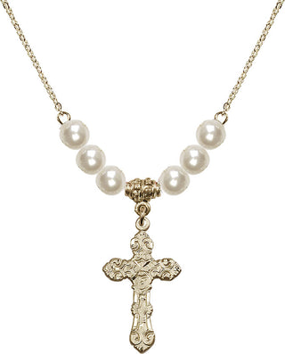 18" Hamilton Gold Plated Necklace with 6mm Faux-Pearl Beads featuring a 14kt Gold Filled Cross Medal. Engraved Catholic Saint Jewelry