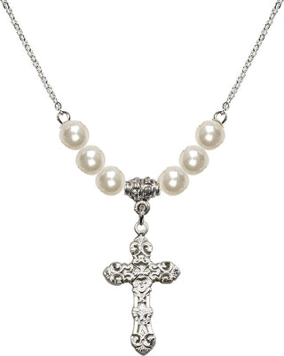 18" Rhodium Plated Necklace with 6mm Faux-Pearl Beads featuring a Sterling Silver Cross Medal. Engraved Catholic Saint Jewelry