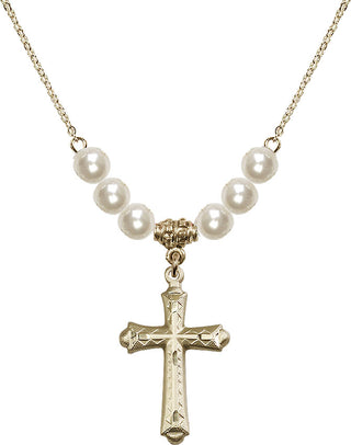 18" Hamilton Gold Plated Necklace with 6mm Faux-Pearl Beads featuring a 14kt Gold Filled Cross Medal. Engraved Catholic Saint Jewelry
