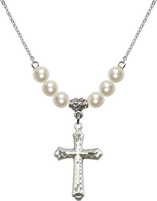 18" Rhodium Plated Necklace with 6mm Faux-Pearl Beads featuring a Sterling Silver Cross Medal. Engraved Catholic Saint Jewelry