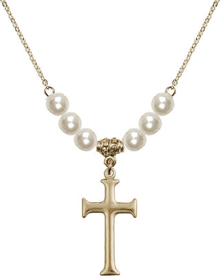 18" Hamilton Gold Plated Necklace with 6mm Faux-Pearl Beads featuring a 14kt Gold Filled Cross Medal. Engraved Catholic Saint Jewelry
