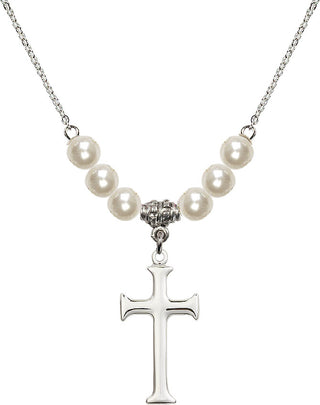 18" Rhodium Plated Necklace with 6mm Faux-Pearl Beads featuring a Sterling Silver Cross Medal. Engraved Catholic Saint Jewelry