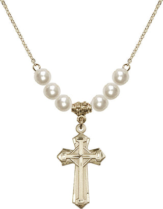 18" Hamilton Gold Plated Necklace with 6mm Faux-Pearl Beads featuring a 14kt Gold Filled Cross Medal. Engraved Catholic Saint Jewelry