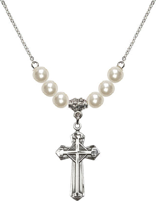 18" Rhodium Plated Necklace with 6mm Faux-Pearl Beads featuring a Sterling Silver Cross Medal. Engraved Catholic Saint Jewelry