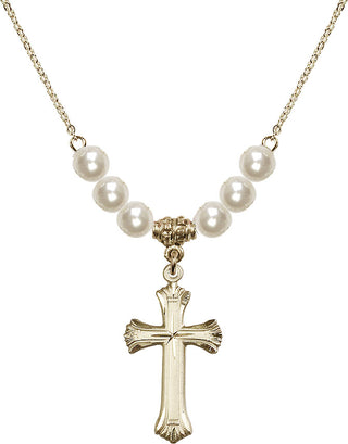 18" Hamilton Gold Plated Necklace with 6mm Faux-Pearl Beads featuring a 14kt Gold Filled Cross Medal. Engraved Catholic Saint Jewelry