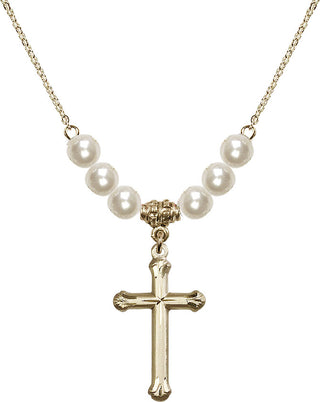 18" Hamilton Gold Plated Necklace with 6mm Faux-Pearl Beads featuring a 14kt Gold Filled Cross Medal. Engraved Catholic Saint Jewelry