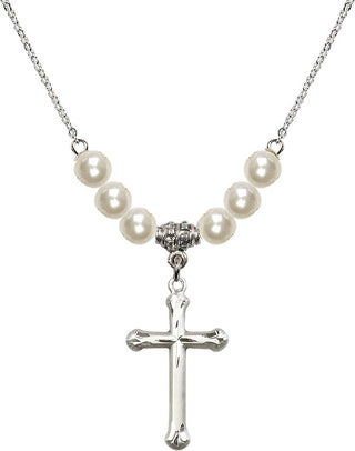 18" Rhodium Plated Necklace with 6mm Faux-Pearl Beads featuring a Sterling Silver Cross Medal. Engraved Catholic Saint Jewelry