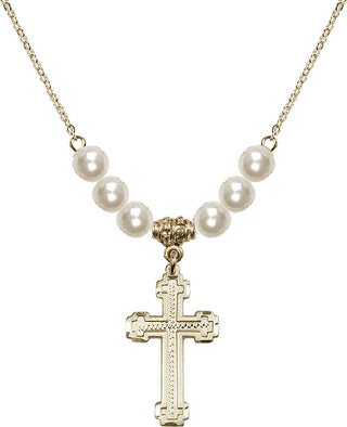 18" Hamilton Gold Plated Necklace with 6mm Faux-Pearl Beads featuring a 14kt Gold Filled Cross Medal.