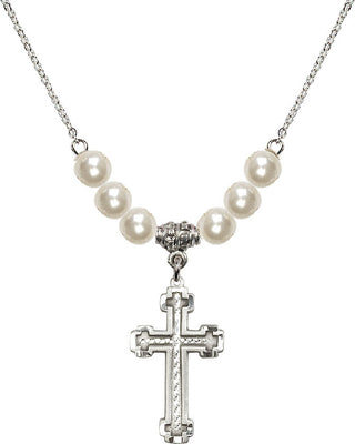 18" Rhodium Plated Necklace with 6mm Faux-Pearl Beads featuring a Sterling Silver Cross Medal.