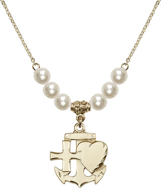 18" Hamilton Gold Plated Necklace with 6mm Faux-Pearl Beads featuring a 14kt Gold Filled Faith, Hope & Charity Medal.