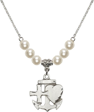 18" Rhodium Plated Necklace with 6mm Faux-Pearl Beads featuring a Sterling Silver Faith, Hope & Charity Medal.