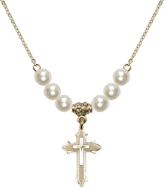 18" Hamilton Gold Plated Necklace with 6mm Faux-Pearl Beads featuring a 14kt Gold Filled Cross on Cross Medal. Engraved Catholic Saint Jewelry