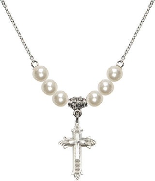 18" Rhodium Plated Necklace with 6mm Faux-Pearl Beads featuring a Sterling Silver Cross on Cross Medal. Engraved Catholic Saint Jewelry